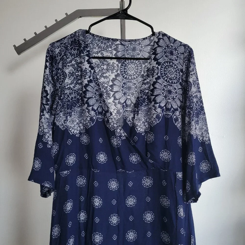 Biubiu Women’s Long Wrap Short Sleeve Navy Blue Boho Bohemian Maxi Dress (Size: - Picture 4 of 15